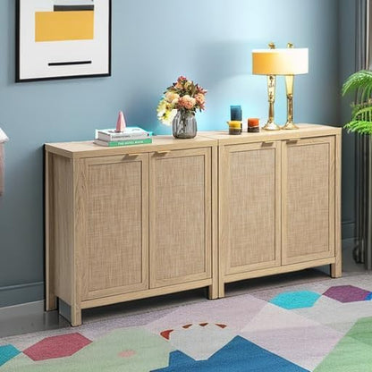 Rattan Sideboard Buffet Cabinet with Large Storage : Boho Credenza Coffee Bar Cabinet with Adjustable Shelves, Farmhouse Console Table for Kitchen, Living Room, Entryway, Natural, 2 Pieces