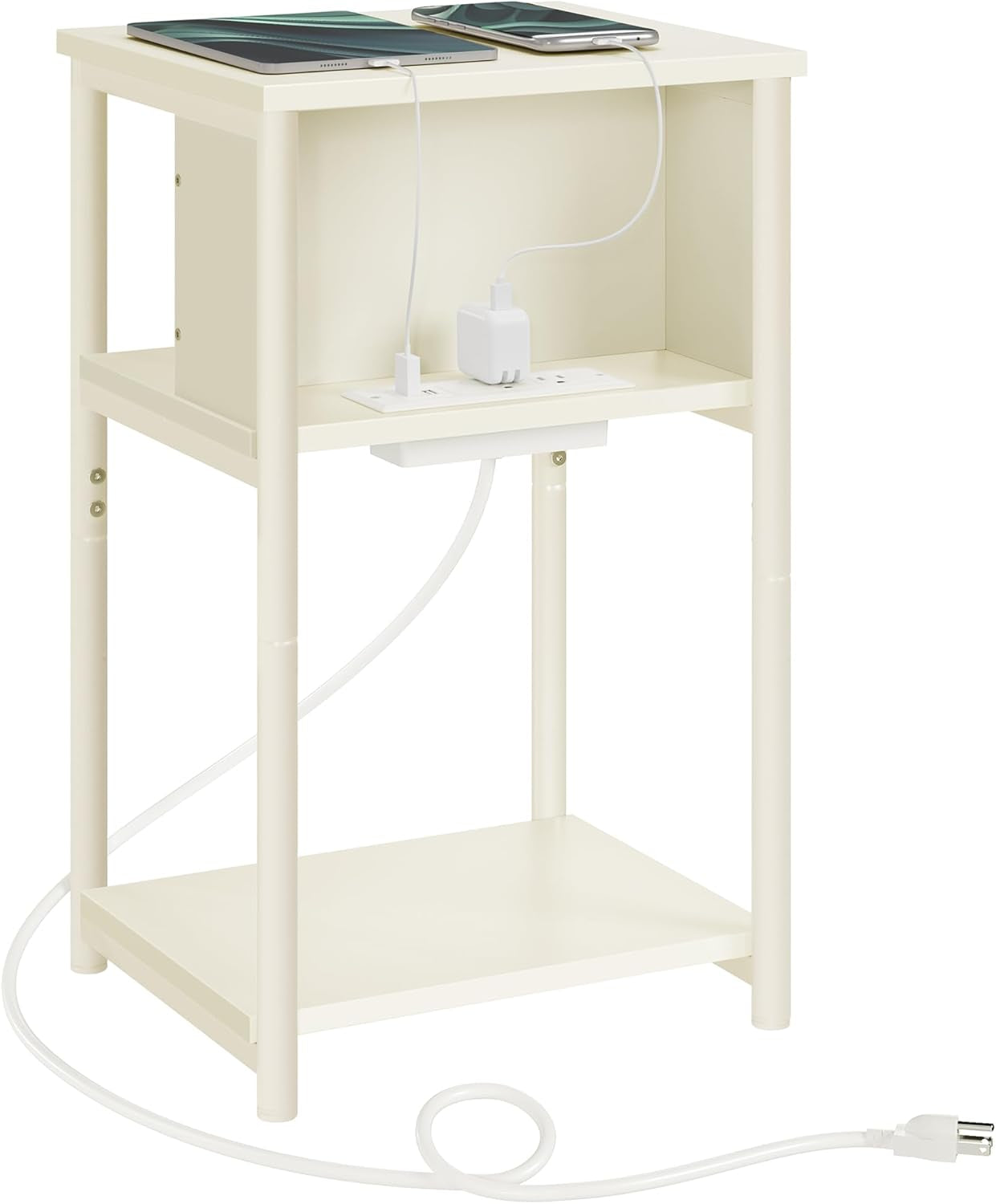 Side Table with Charging Station, 3-Tier End Table with USB Ports and Outlets, Nightstand for Living Room, Bedroom, 11.8 X 13.4 X 22.8 Inches, Plug-In Series, Cream White