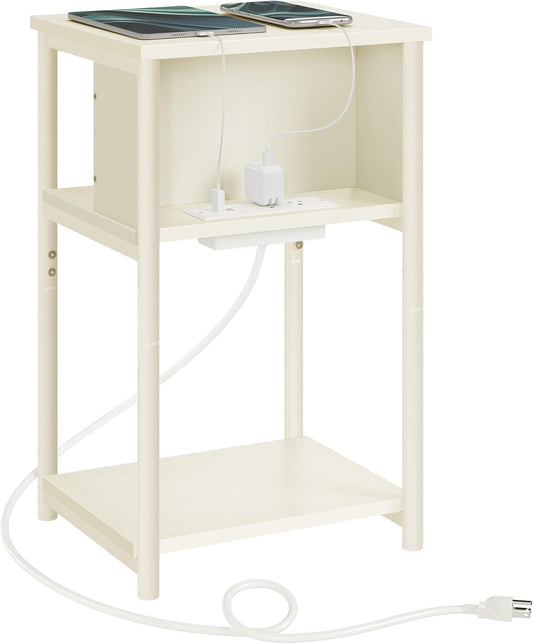 Side Table with Charging Station, 3-Tier End Table with USB Ports and Outlets, Nightstand for Living Room, Bedroom, 11.8 X 13.4 X 22.8 Inches, Plug-In Series, Cream White