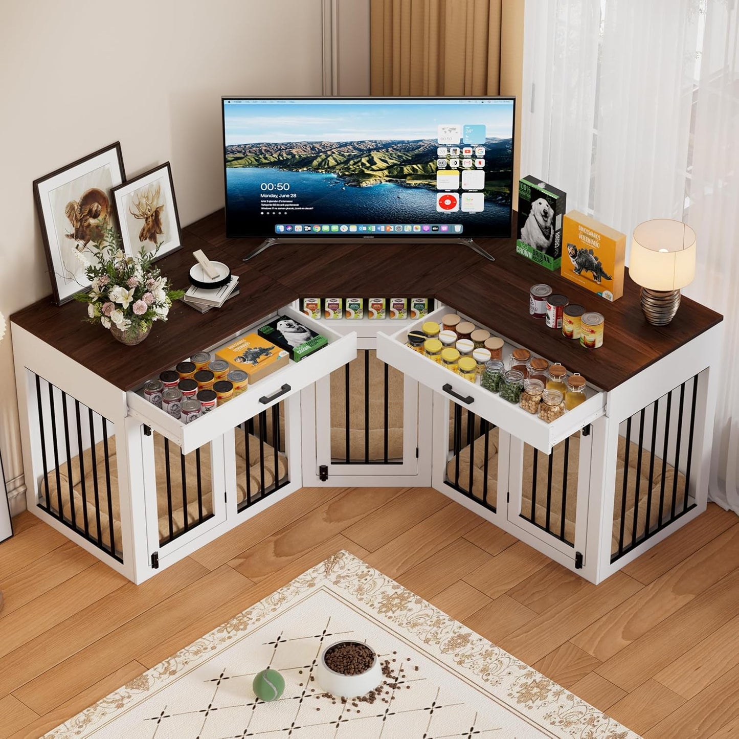 Extra Large Corner Dog Crate Furniture for 3 Dogs,3 in 1 Wooden Dog Crate Kennel with 2 Drawers,Divider,Power Outlet,Heavy Duty Double Dog Kennel Indoor for Small,Medium,Large Dogs,White ﻿