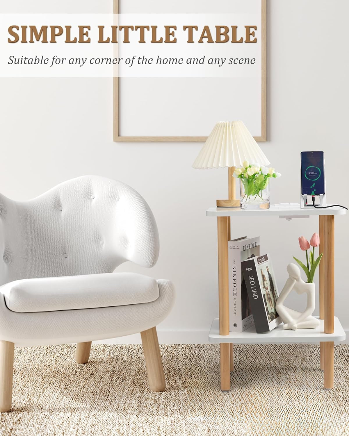 End Table with Charging Station, End Tables with USB Ports and Outlets, Small Side Table for Living Room, Bedroom & Office, Two-Tier Narrow Side Table, Easy Assembly