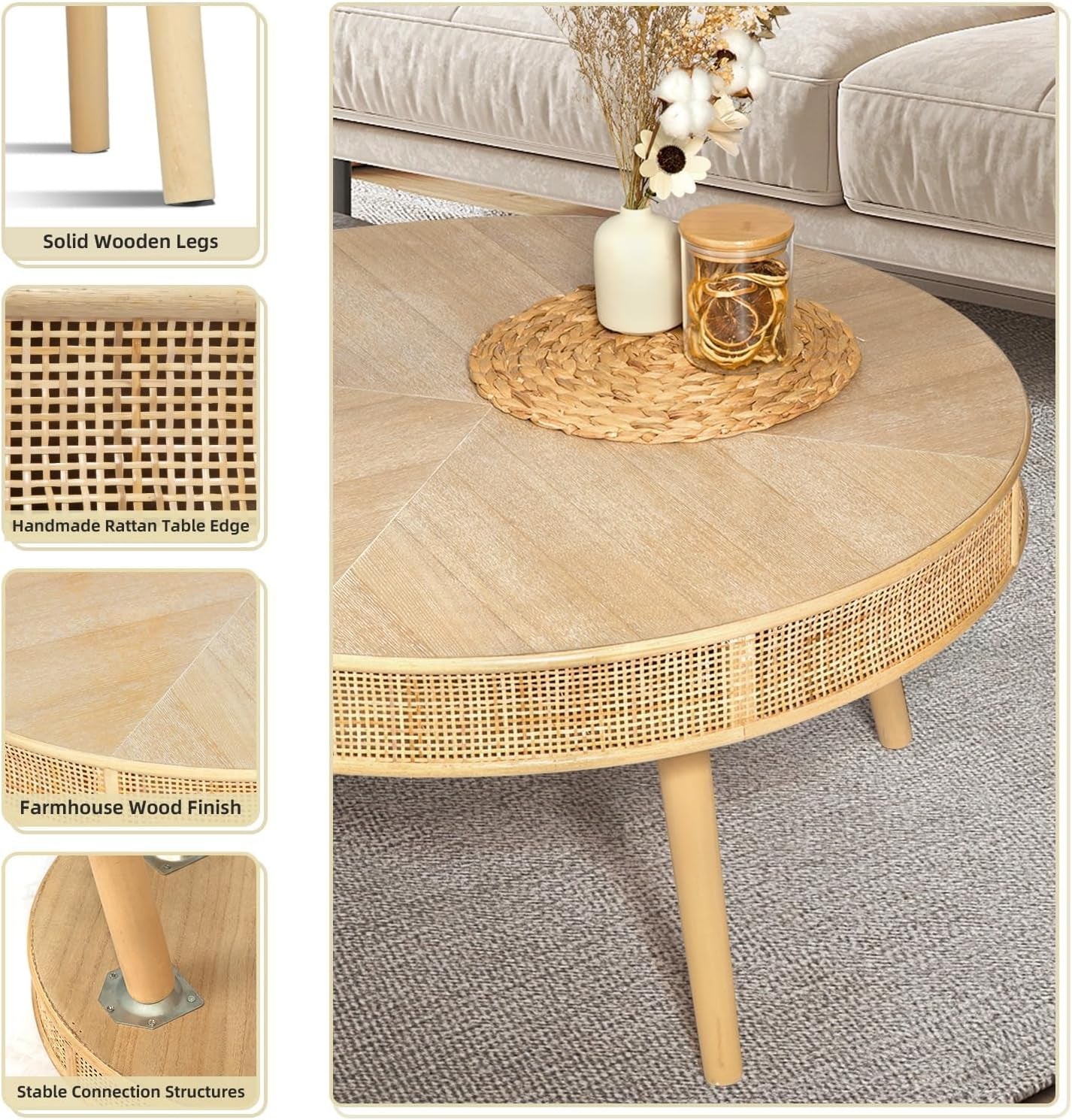 2-Piece Farmhouse Coffee Table, Modern Rustic Sofa Side Tea Tables, Solid Wood Finish with Crafted Rattan Side and End Table Sets for Living Room (Natural)