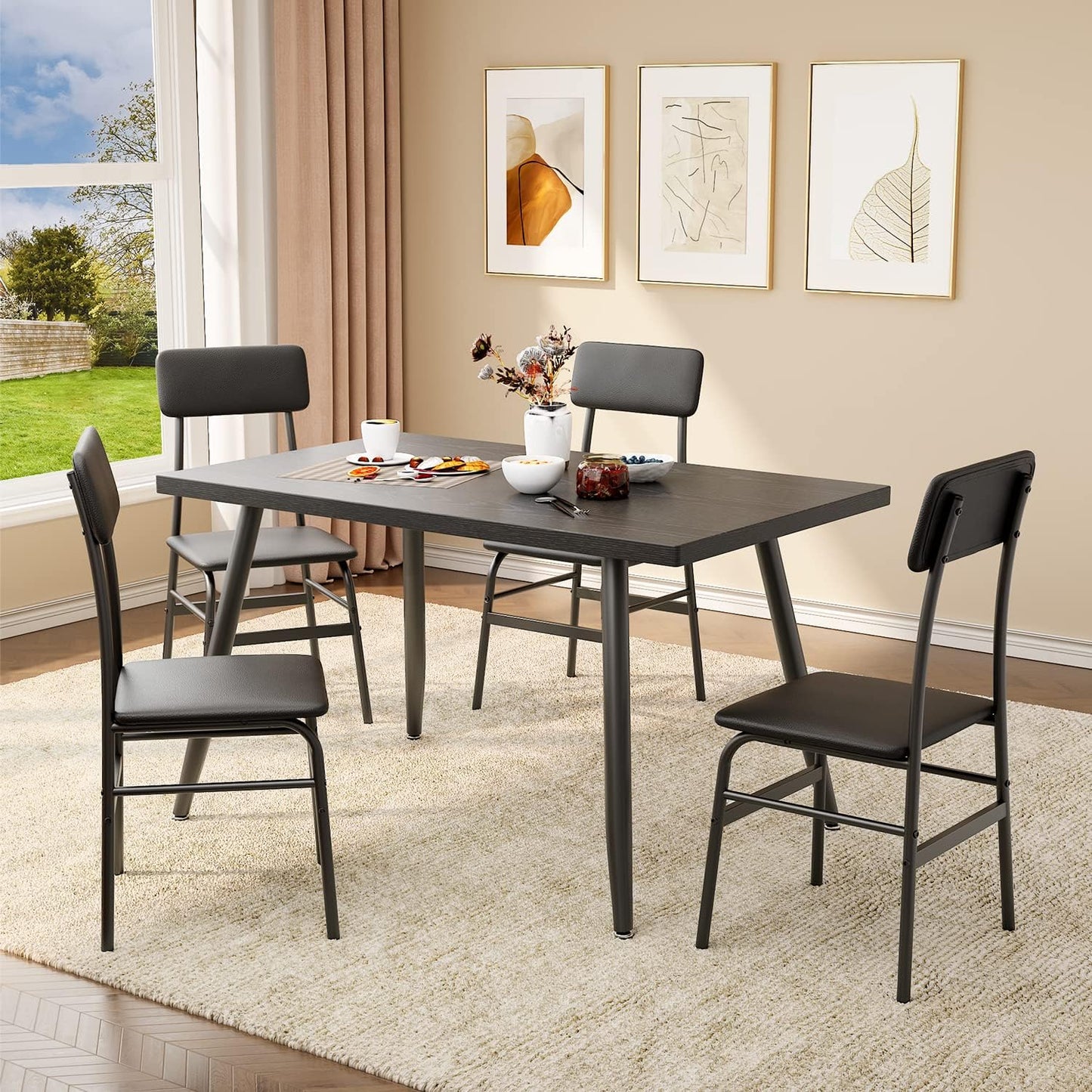 5 Piece Dining Table Set for 4, Modern Metal & Wood Kitchen Dinner Table with 4 Chairs, Space-Saving Dining Room Furniture Table & Chair Sets for Small Spaces & Apartment, Black