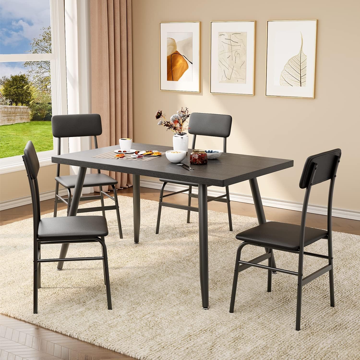 5 Piece Dining Table Set for 4, Modern Metal & Wood Kitchen Dinner Table with 4 Chairs, Space-Saving Dining Room Furniture Table & Chair Sets for Small Spaces & Apartment, Black