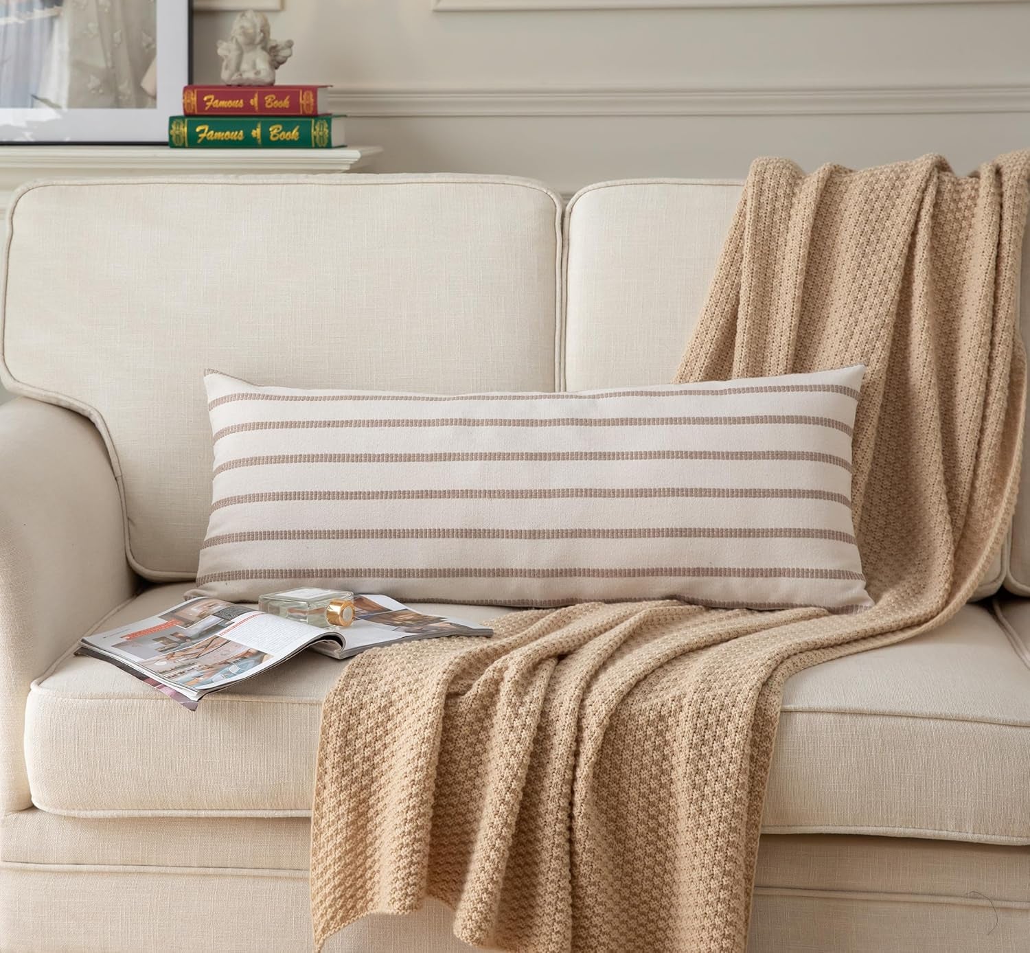 Boho Lumbar Throw Pillow Cover 14X36 Long Soft Farmhouse Decorative Couch Pillow Cases Beige Striped Body Pillow Covers Neutral Cushion Covers for Sofa Bed Living Room Home Decor Pack of 1