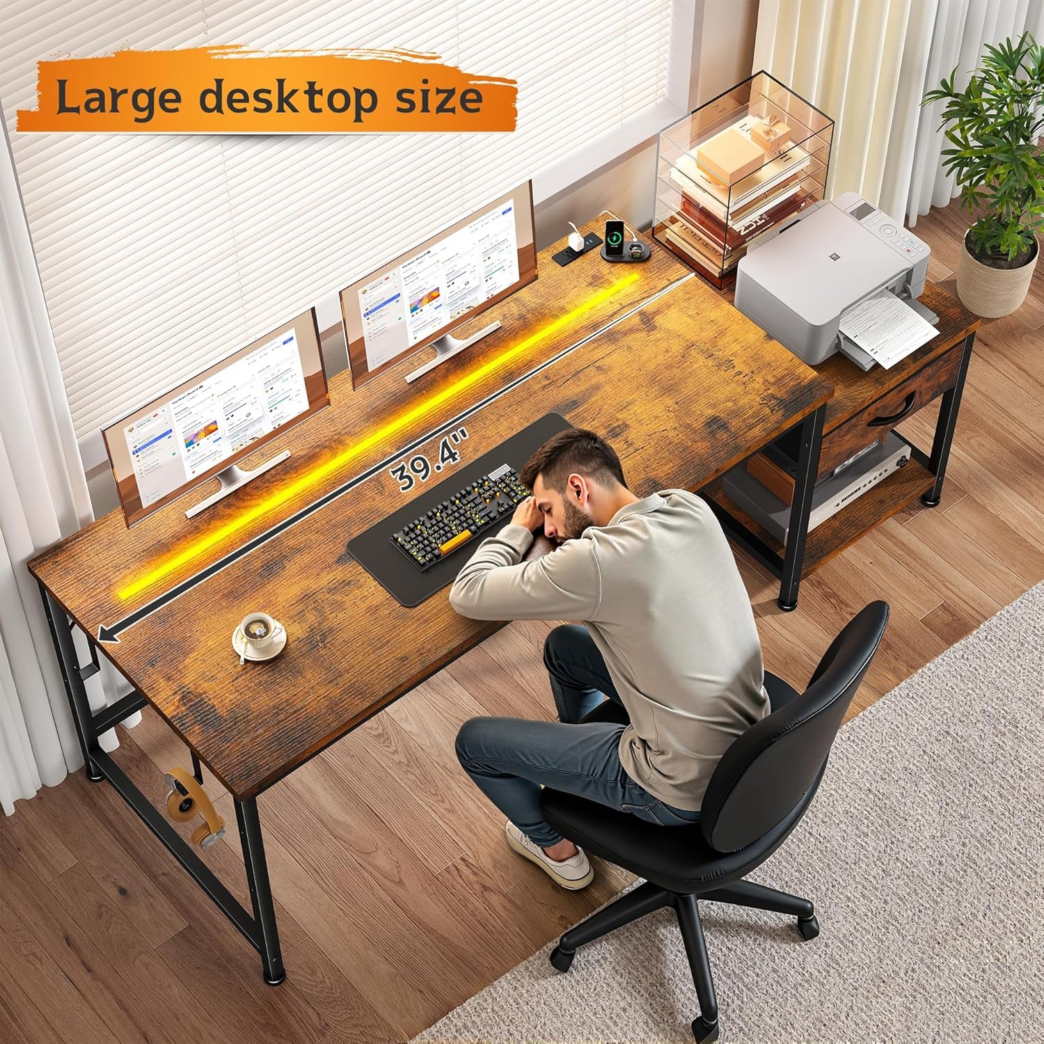 48.1 Computer Desk with Drawers & Printer Shelf,Gaming Desk with LED Lights & Power Outlet,Office Desk with Headphone Hook,Reversible Corner Work Desk for Small Space,Carbon