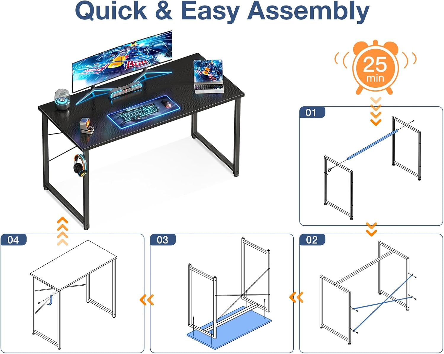 48 Inch Small Computer Desk for Home Office, Study Writing Table for Small Spaces, Simple Modern Desk with Headphone Hooks, Black