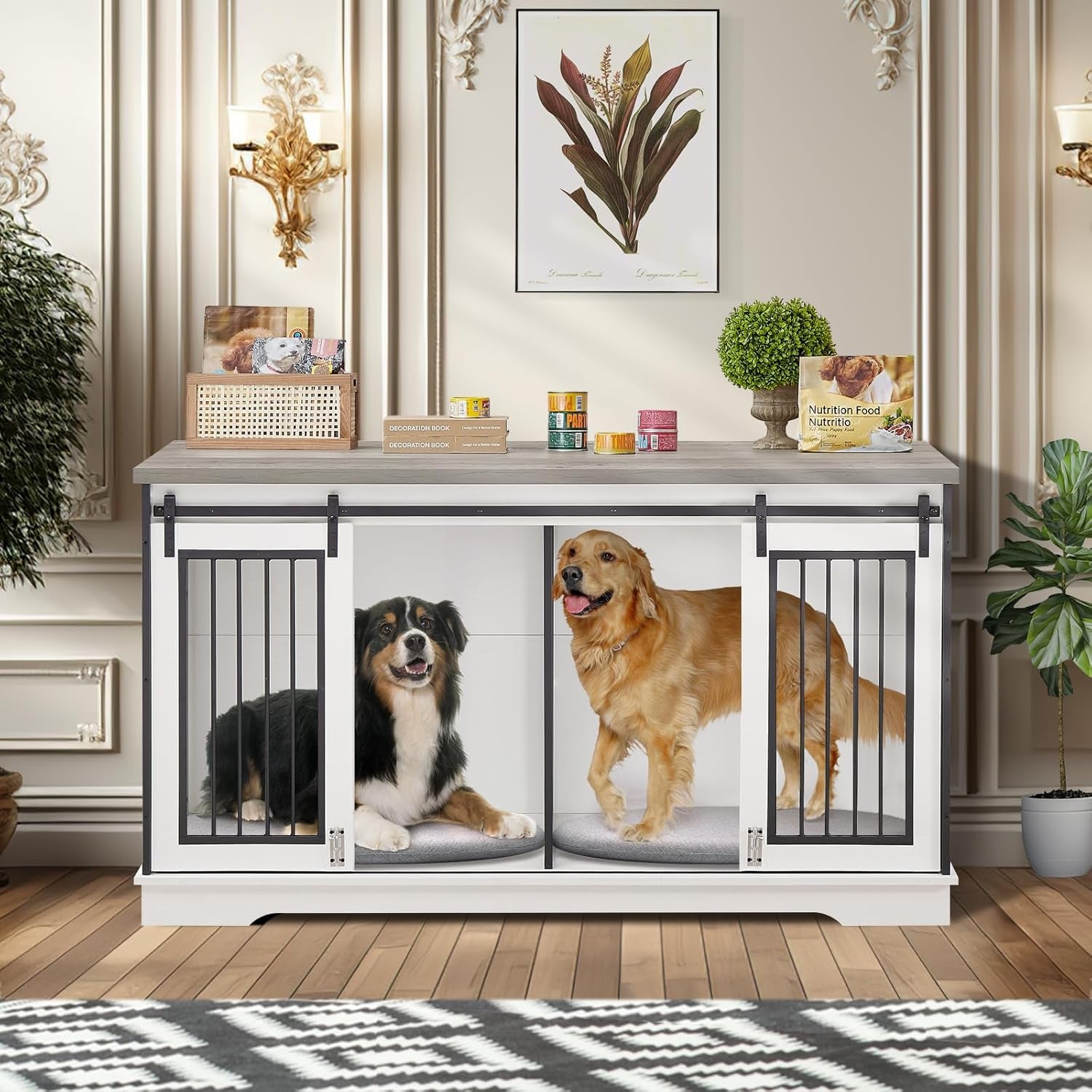 2-In-1 Double Dog Crate Furniture with Divider 60.6 Inch White Sturdy Heavy Duty Dog Crate TV Stand with 2 Sliding Doors and Thick Iron Door Frame for 2 Dogs
