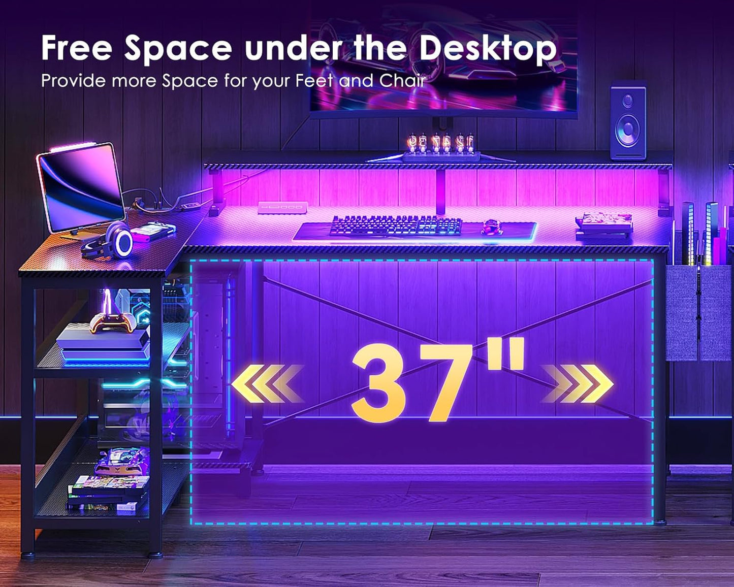 48 Inch Gaming Desk with USB Charging Ports and LED Lights, Reversible L Shaped Computer Desk with Storage Shelves & Monitor Stand, Corner Gamer Desk Table with Power Outlets, Black