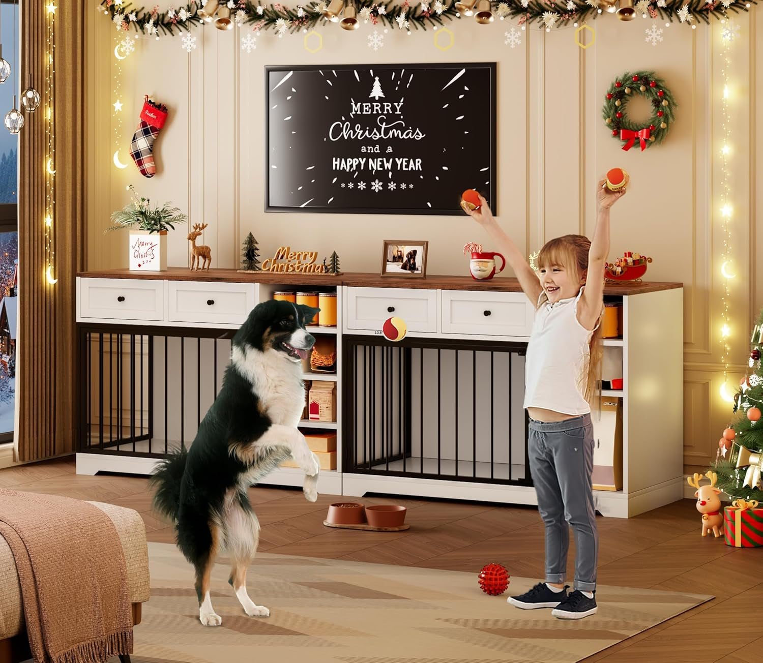 47" Dog Crate Furniture, Wooden Dog Kennel with Drawers and Shelves, Large Dogs Crate Furniture TV Stand, Indoor Pet Cage for Large Medium Dogs