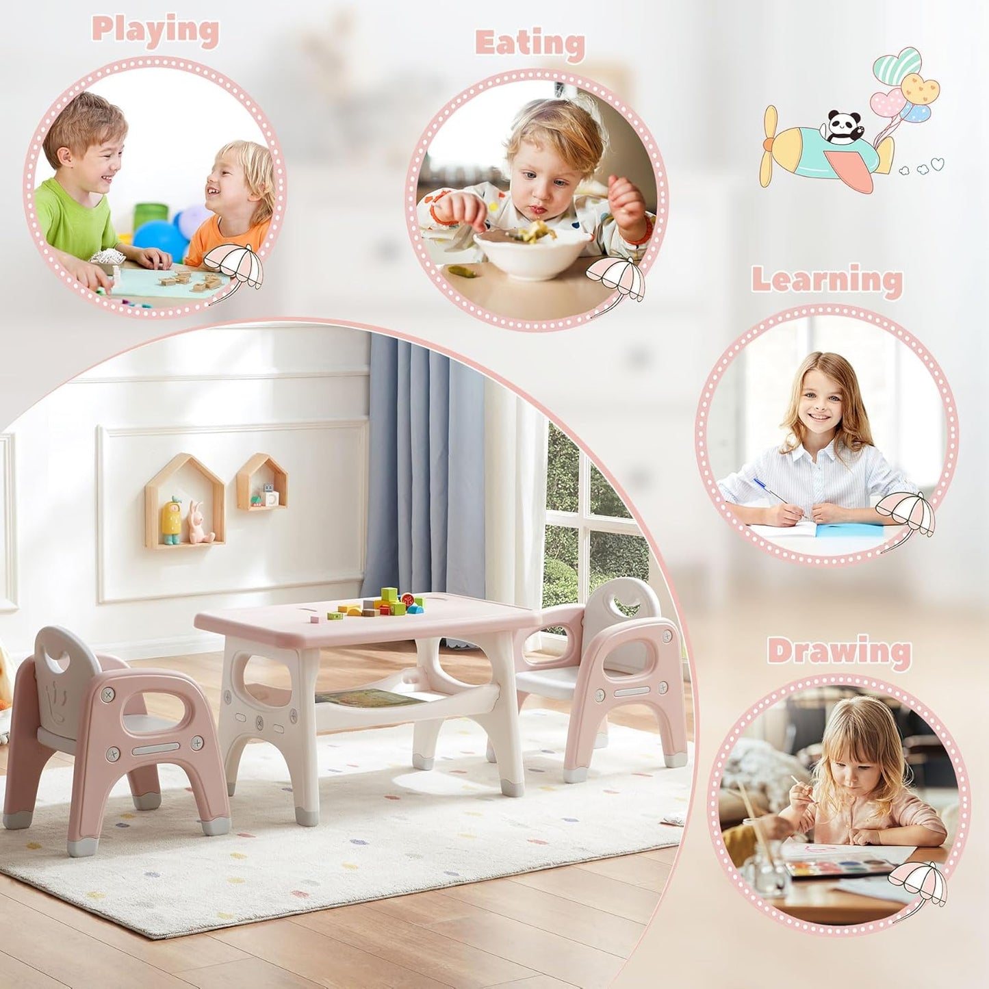 Kids Table and 2 Chairs Set, Large Built-In Storage, Montessori Toddlers Table and Chairs Set, Kids Activity Table for Drawing Dining Playing, CPSC & ASTM Approved, Pink