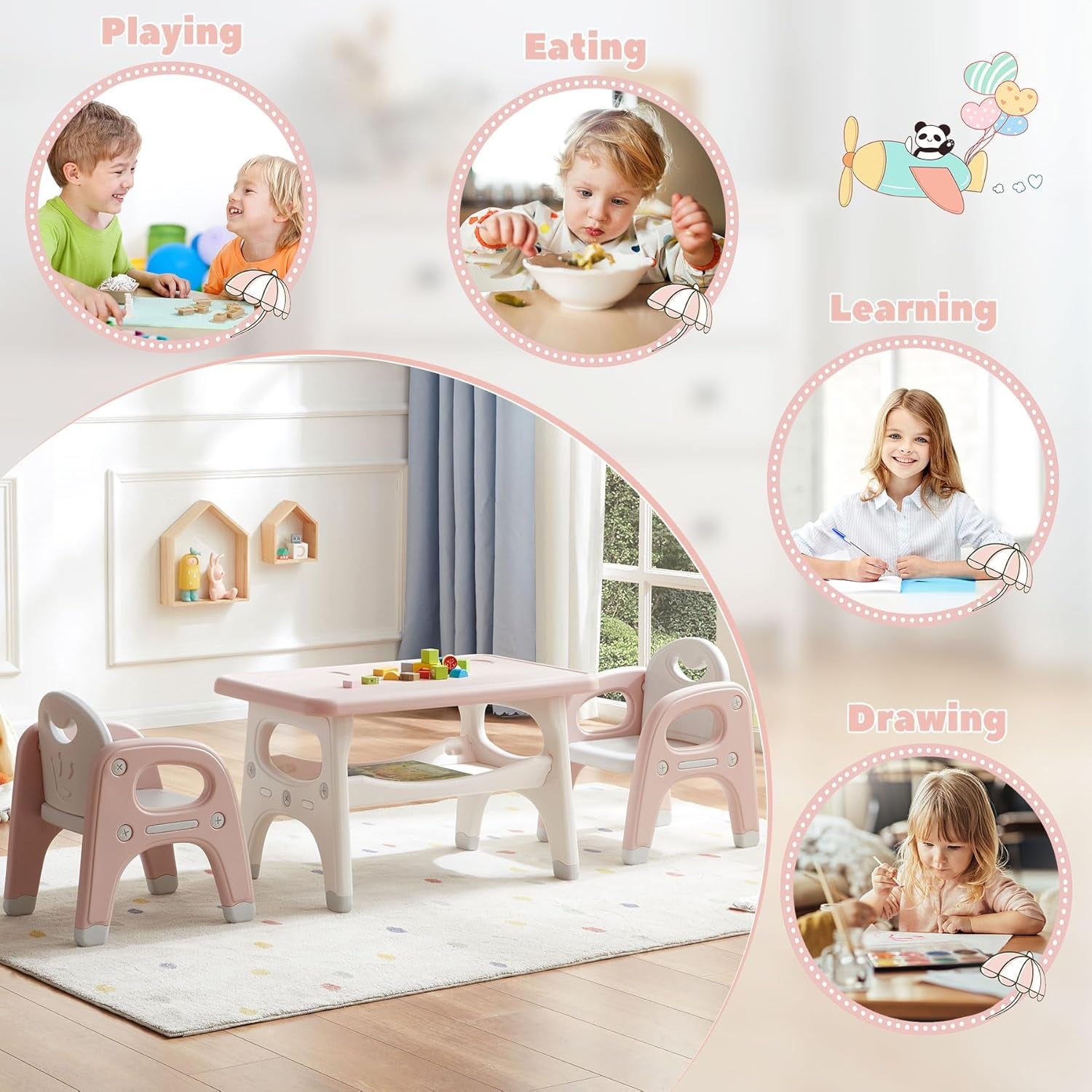 Kids Table and 2 Chairs Set, Large Built-In Storage, Montessori Toddlers Table and Chairs Set, Kids Activity Table for Drawing Dining Playing, CPSC & ASTM Approved, Pink