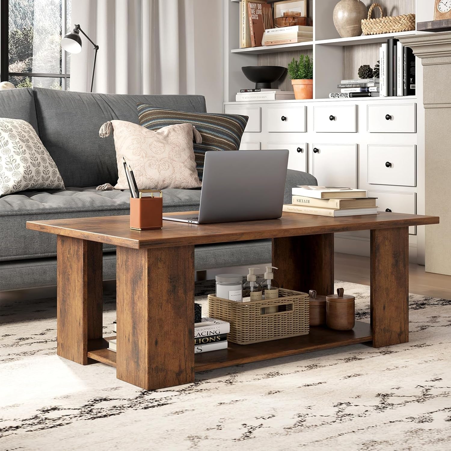 2-Tier Coffee Table, Modern Rectangular Center Cocktail Table with 5 Support Legs, Wooden Accent Living Room Furniture, Small Coffee Table for Small Spaces, Easy Assembly (Rustic Brown)