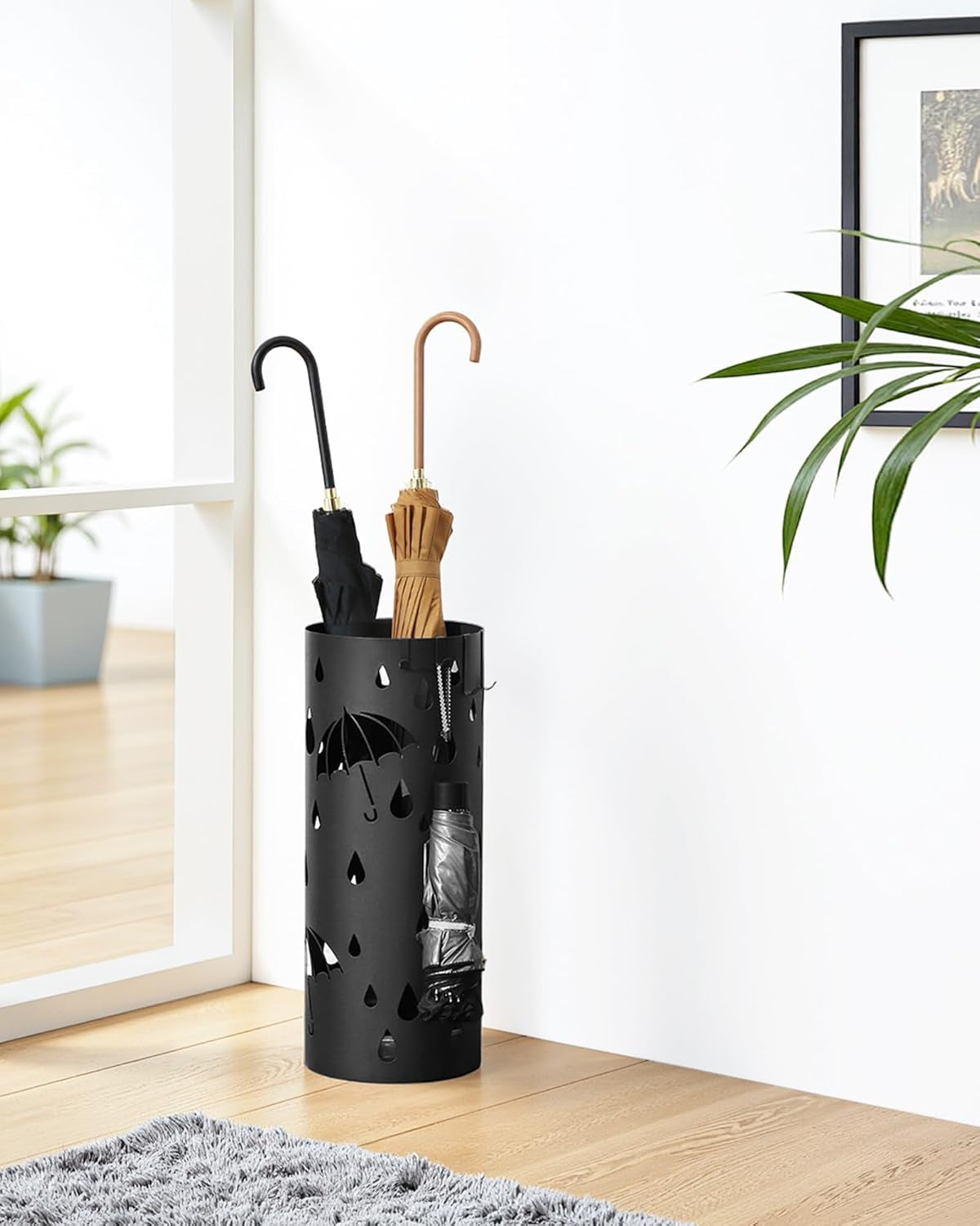 Umbrella Stand, Metal Umbrella Holder for Entryway, with Water Tray and 4 Hooks, 7.7 X 7.7 X 19.3 Inches, Round, Ink Black ULUC23B