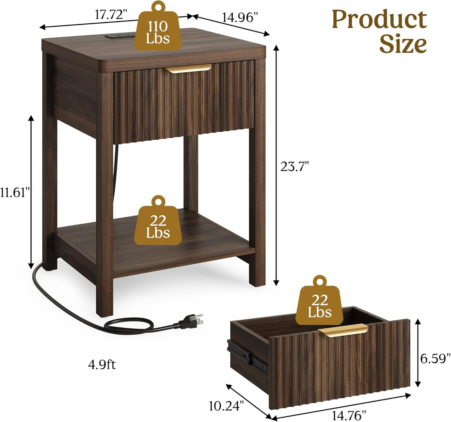 Night Stand Set 2, Fluted Nightstand with Charging Station, Wood Modern Bedside End Table with Storage Drawer for Bedroom, save Space (Set of 2, Walnut)