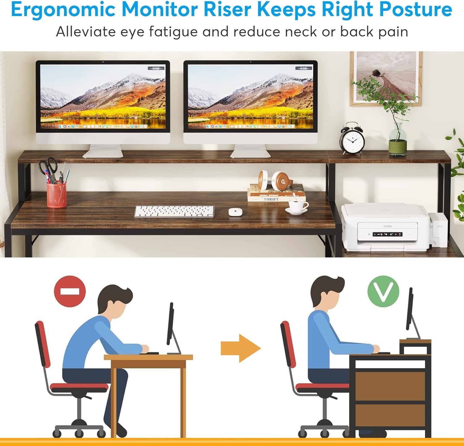 63 Inch Computer Desk with File Drawer Cabinet, Ergonomic Office Desk with Monitor Stand, Industrial Computer Table with Printer Space, Wood PC Table Workstation Desk for Home Office