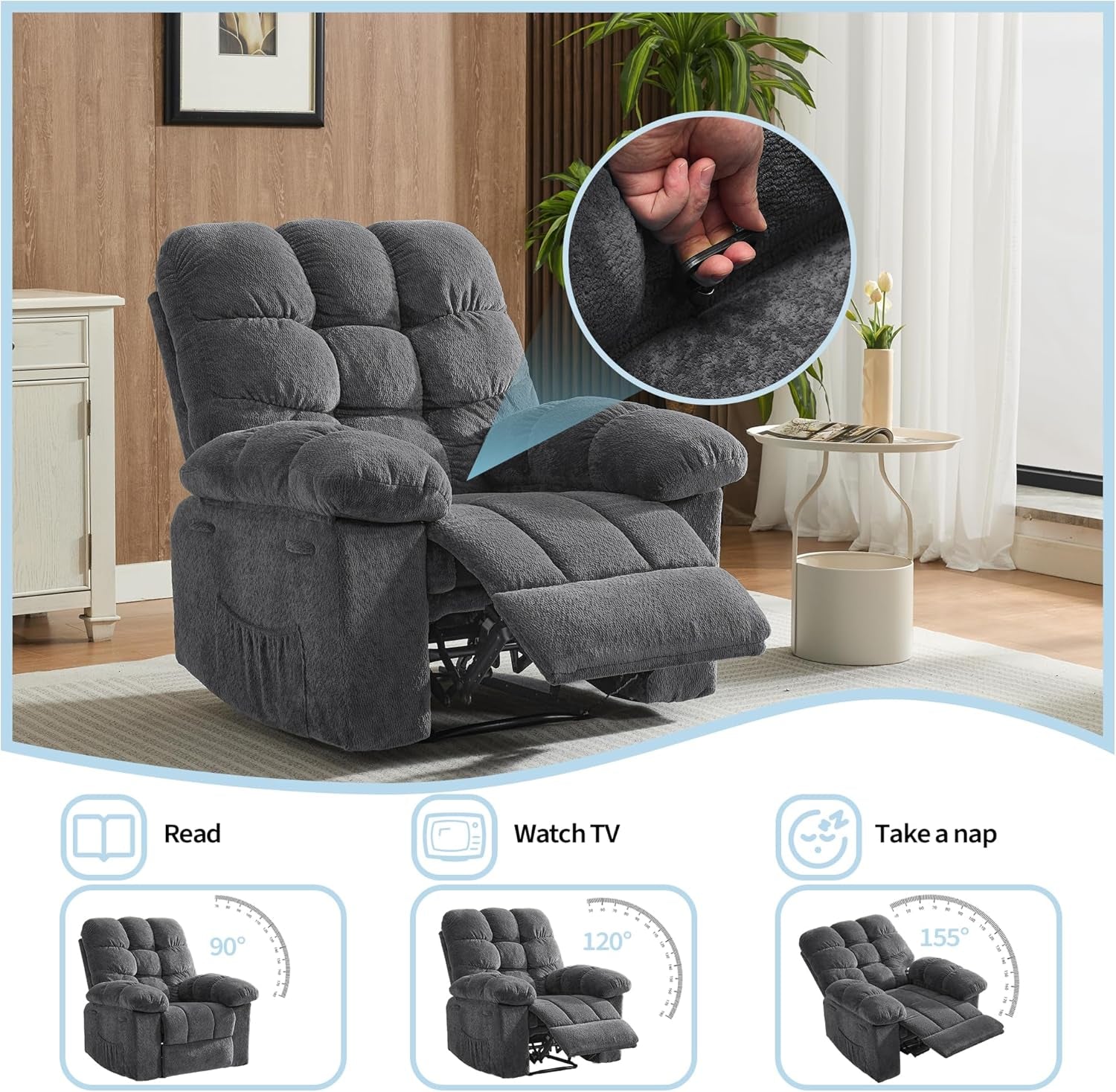 Rocking Recliner Chair,360° Swivel Rocker Chair for Living Room,Upholstered Fabric Glider Nursery Chair with Side Pockets for Small Spaces,Q235 Steel Frame Lazy Boy Recliner Single Sofa