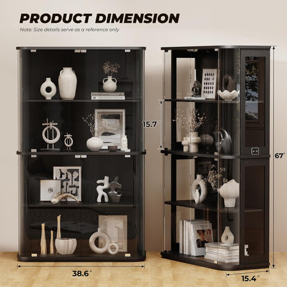 Large Rounded Display Cabinet with Glass Door, 4-Tier Curio Cabinet with 3 Color Lights for Collectibles, Glass Display Case with Transparent Full-Display Surface, Human Body Sensor, Black
