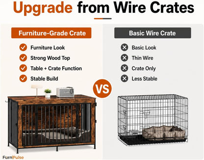 XL Dog Crate Furniture 48'' | Extra Large Heavy Duty Anti-Chew Dog Kennel | Rustic Wooden Entertainment Center & TV Stand with 350LB Top Capacity | Escape Proof Double Door Pet House