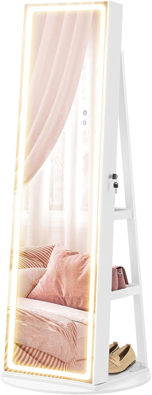 LED Jewelry Cabinet Standing, Lockable Armoire with Full-Length Mirror and Adjustable Lights, Space-Saving Organizer, Gift Idea, Cloud White UJJC008W01