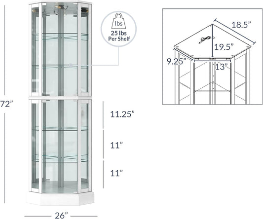 Lighted 3-Side Glass Display Curio Cabinet with Tempered Glass Doors and Shelves, Curved Wood Corner Cabinet with Bulb, Corner Curio Storage Rack for Bar and Liquor Storage - Ashfield (White)