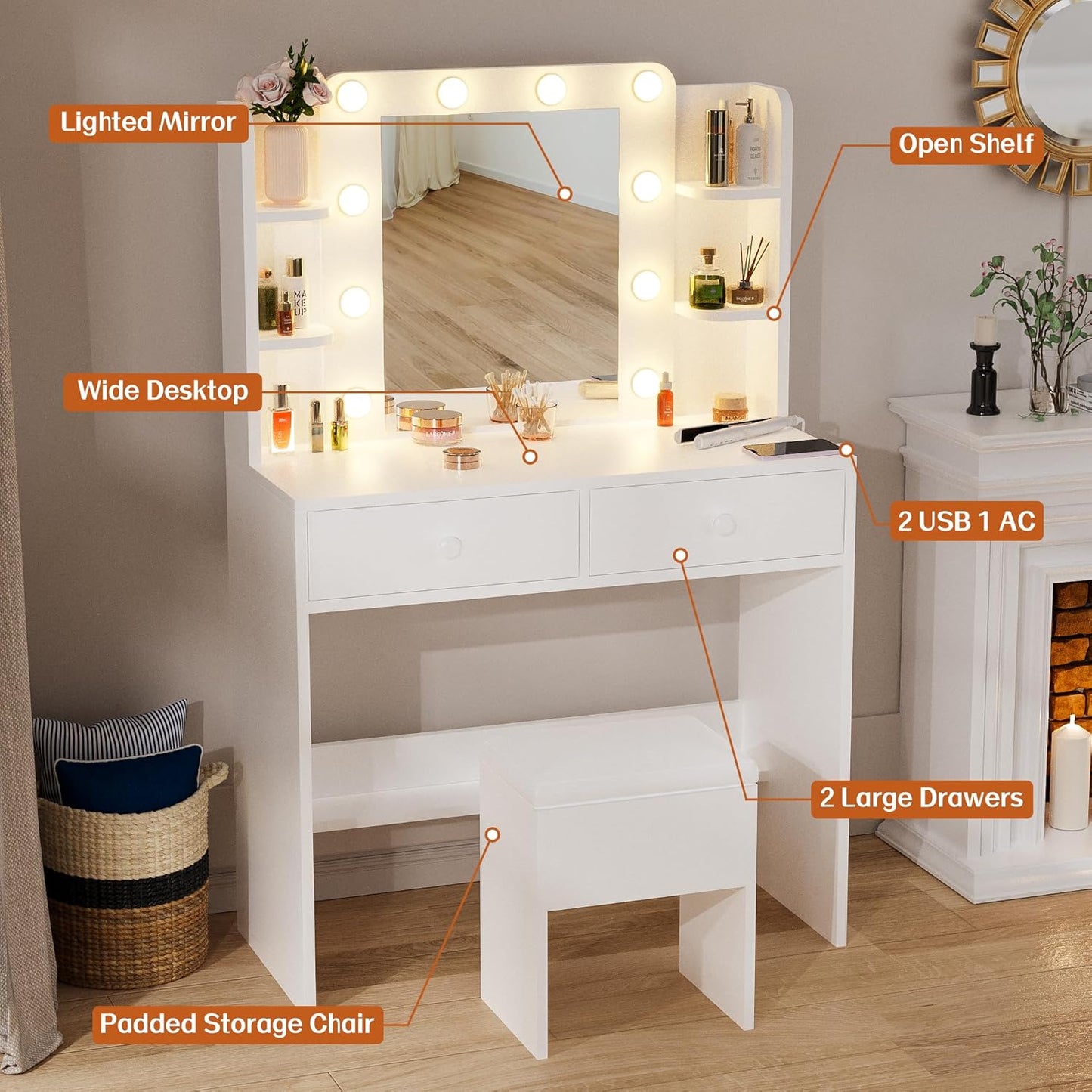 Vanity Desk with Lighted Mirror and Power Outlets, Makeup Vanity Set with Storage Drawer, Shelves and Chair, White Dressing Table with 3 Color Lighting Modes for Bedroom