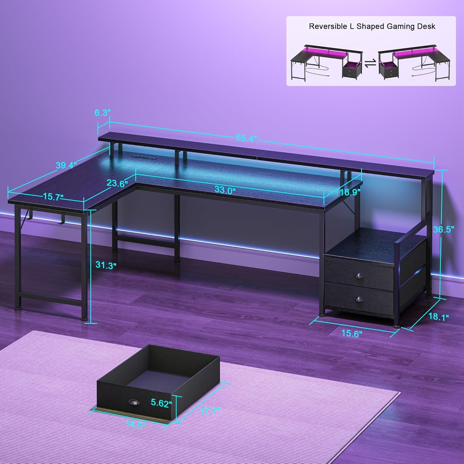 66'' L Shaped Gaming Desk with Drawers and Storage Shelves, Reversible Corner Desk with Power Outlets and Host Stand, Large Computer Desk with Led Lights for Gaming, Work, Home Office, Black