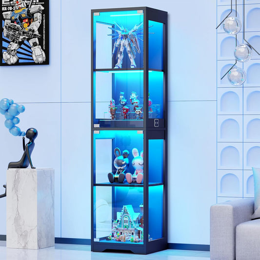 Glass Display Cabinet, 4-Tier Curio Cabinets with 3 Color Lights for Collectibles, Storage Cabinet with Door, Glass Display Case & Bookcase with Human Body Sensor, Black