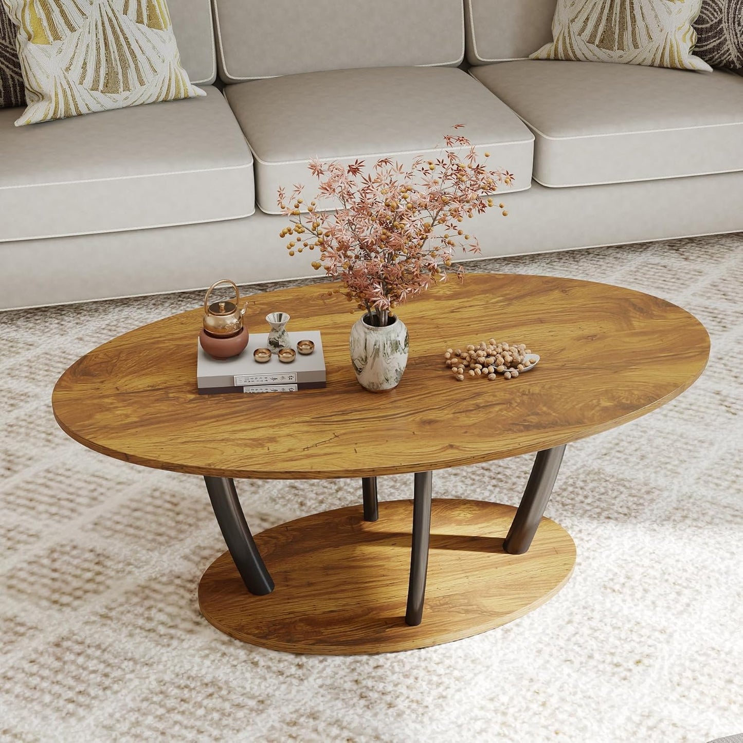 Rustic Small Oval Coffee Table for Living Room, Narrow Wood Center Table with Shelf, Retro Style Coffee Table with Curved Metal Legs, Stable and Easy Assembly, Rusric Brown