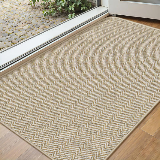 Ultra Thin Door Mat Indoor Entrance 17"X29", Low-Profile Indoor Door Mat, Non Slip Entr Mat Rubber Backing Unique Herringbone Design inside Doormat Dirt Trapper Entryway Mats, Beige