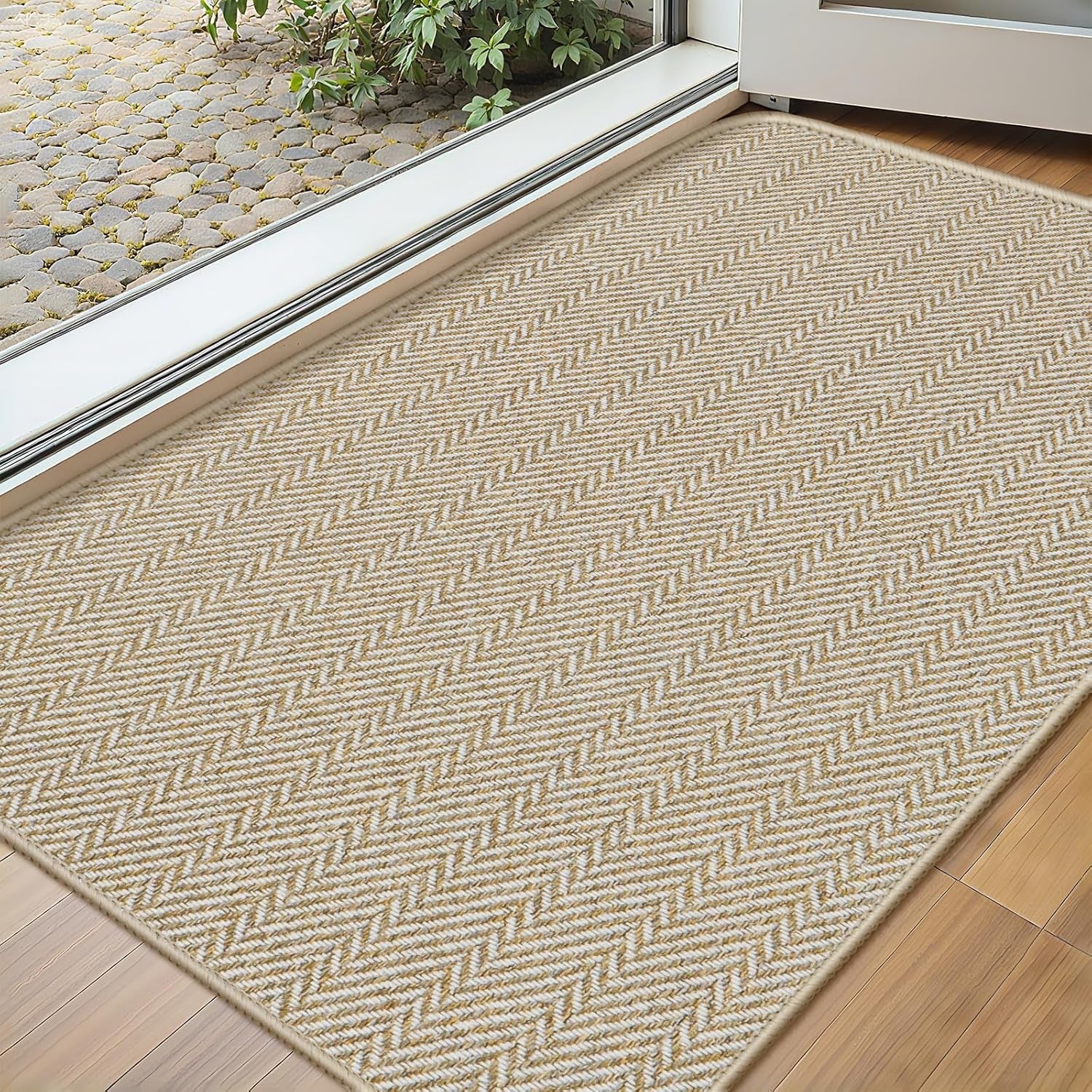 Ultra Thin Door Mat Indoor Entrance 17"X29", Low-Profile Indoor Door Mat, Non Slip Entry Mat Rubber Backing Unique Herringbone Design inside Doormat Dirt Trapper Entryway Mats, Beige