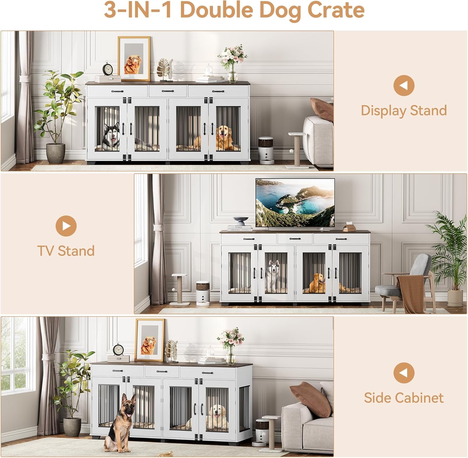 71'' Dog Crate Furniture, Wooden Indoor Dog Kennel for 2 Dogs with 3 Drawers and Removable Room Divider, XXL Double Dog Crate TV Stand End Table with Double Doors for Large Medium Dogs, Grey