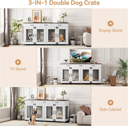 71'' Dog Crate Furniture, Wooden Indoor Dog Kennel for 2 Dogs with 3 Drawers and Removable Room Divider, XXL Double Dog Crate TV Stand End Table with Double Doors for Large Medium Dogs, Rustic Brown
