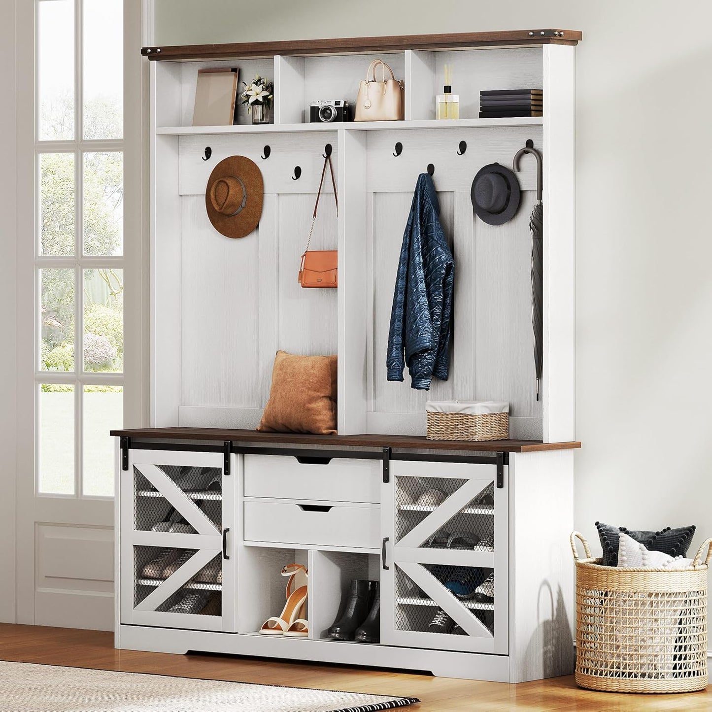 Hall Tree with Bench and Shoe Storage, Hallway Tree with Adjustable RGB LED Light, Sliding Barn Doors and 10 Hooks, Coat Rack for Front Door Entrance Entryway Mudroom Bedroom, White & Walnut
