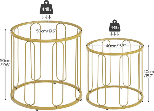 Small Coffee Table Set of 2, Gold Accent End Tables with Metal Frame, round Coffee Side Table with Tempered Glass Tabletop, for Living Room, Bedroom, Gold GD113BZ01