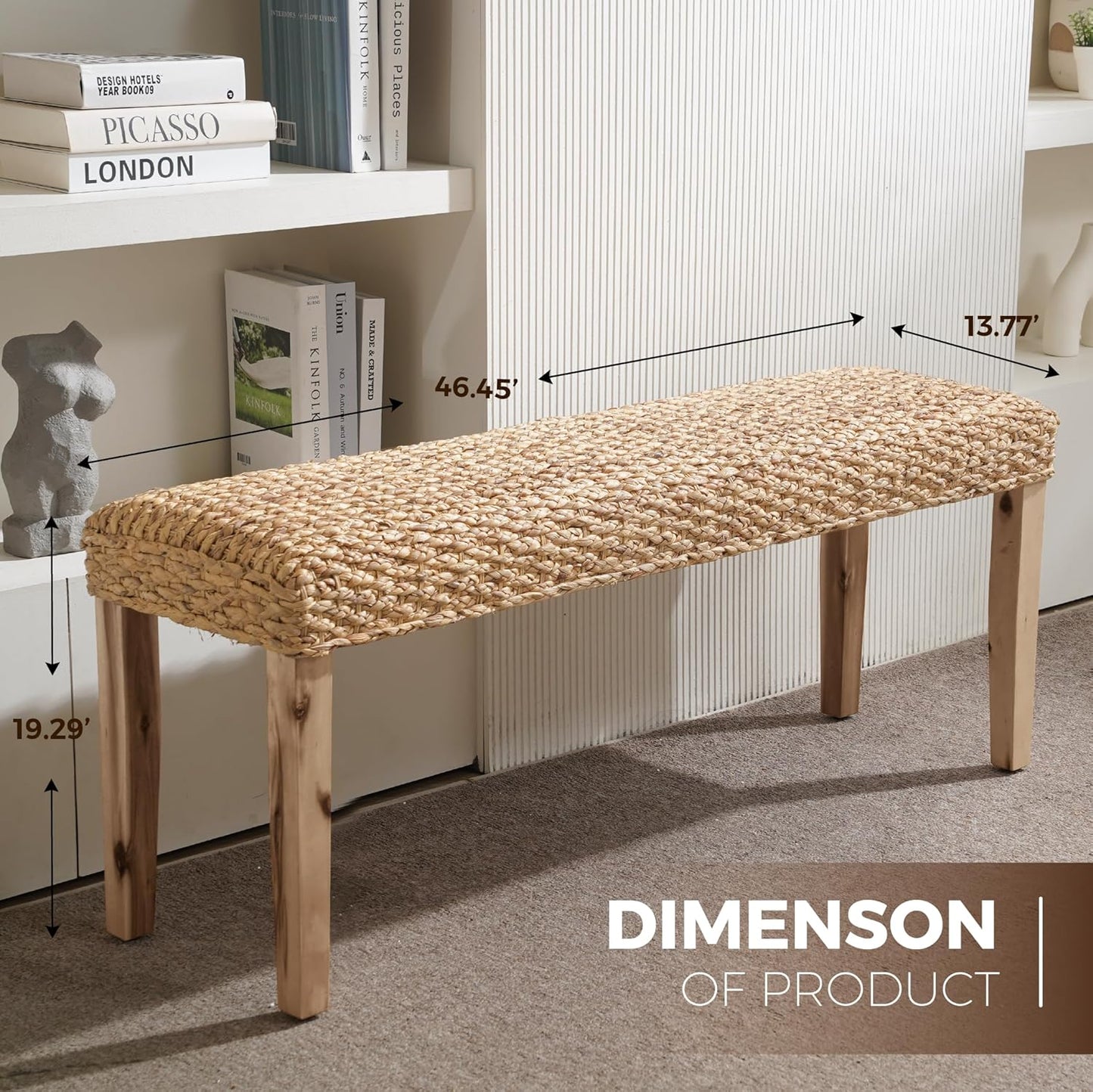 Indoor Bench Wicker for Entryway Bench, Wood Bench for Living Room Dining Bench or End of Bed Bench, 47" Boho Bench with Solid Wood Acacia & Natural Woven Seat, Rustic Farmhouse Rattan Hallway Bench