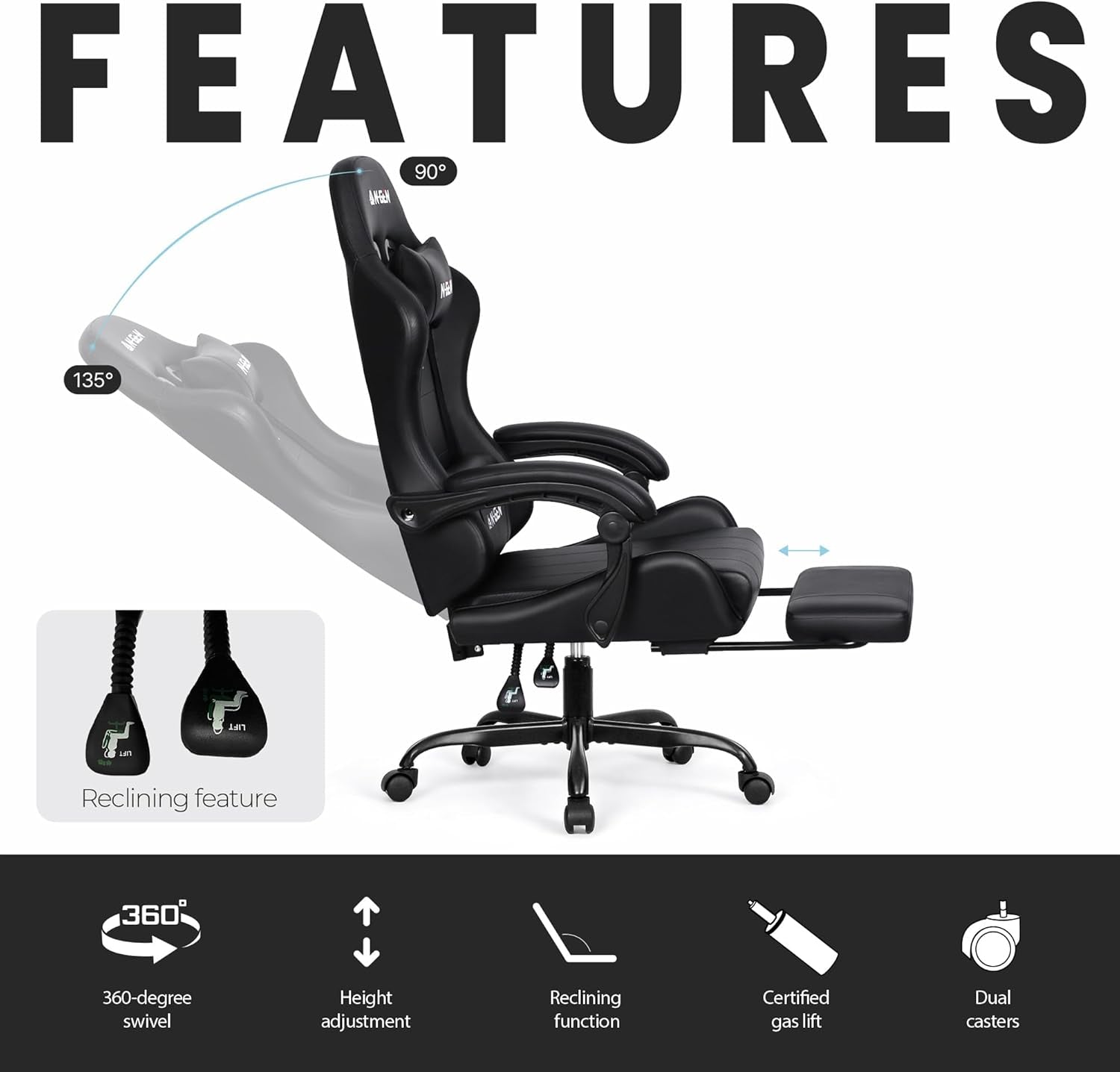 Video Gaming Chair with Footrest Lumbar Support for Home Office High Back Recliner Height Adjustable Ergonomic Comfy Leather Computer Desk Chair (Black)