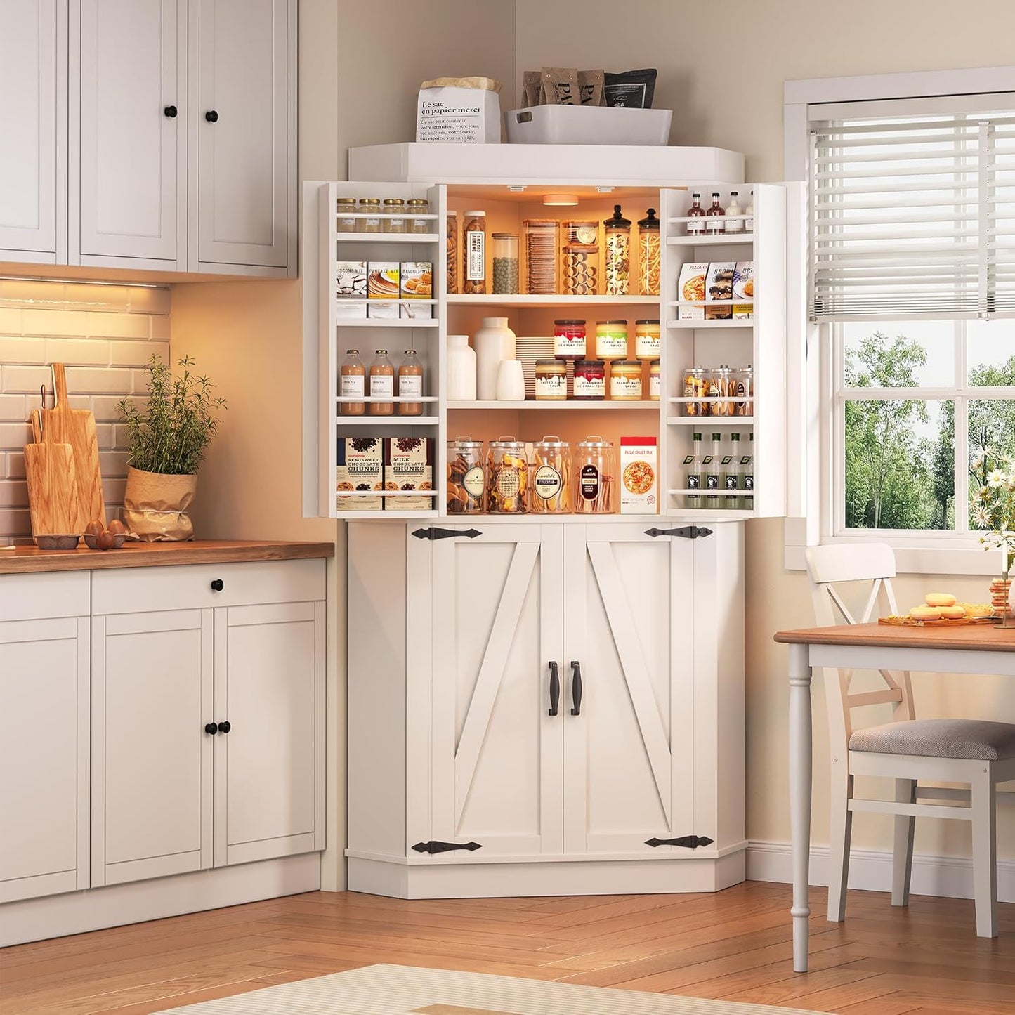 Corner Cabinet,71'' Kitchen Pantry Storage Cabinet with 4 Doors and Shelves, Tall Food Pantry Storage Cabinet Farmhouse Furniture for Kitchen Dining Room, White