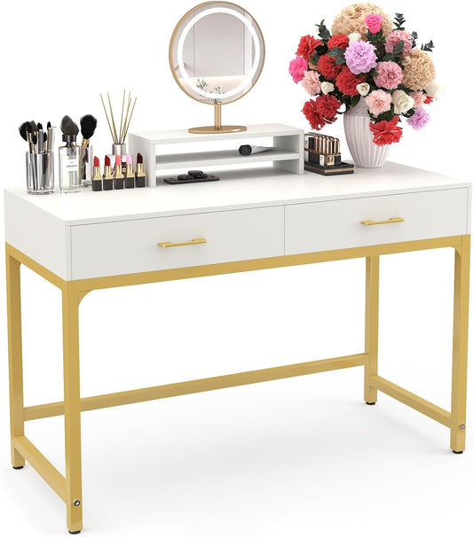 Women Makeup Vanity Desk with 2 Drawers - Bedroom Home Office Desk, Wooden Height Monitor Stand & Storage Shelf without Mirror, White Table Great Gift for Her