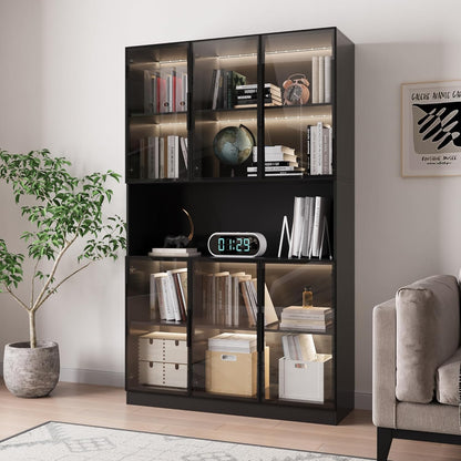 78.7" H Display Cabinet with 6 Glass Doors and Lights, Storage Cabinets Modern Bookcase with Hutch for Collectible, Display Case Trophy Case, Black