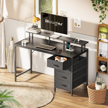 47 Inch Computer Desk with Power Outlets and LED Lights, Gaming Desk with 4 Drawers, Office Desk with Monitor Stand, Study Work Home Office, Small Spaces, Black
