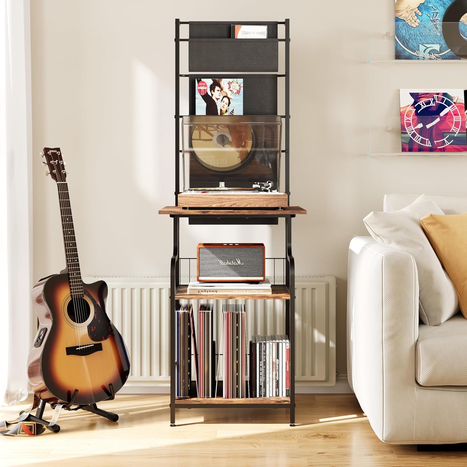 6-Tier Record Player Stand, Turntable Stand with Large Desktop, Tall Vinyl Player Stand with Display Rack, CD Vinyl Storage Holder, Gramophone Table for Living Room