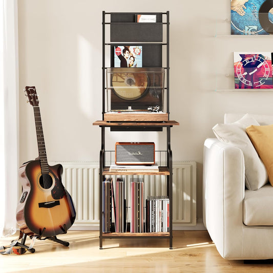 6-Tier Record Player Stand, Turntable Stand with Large Desktop, Tall Vinyl Player Stand with Display Rack, CD Vinyl Storage Holder, Gramophone Table for Living Room