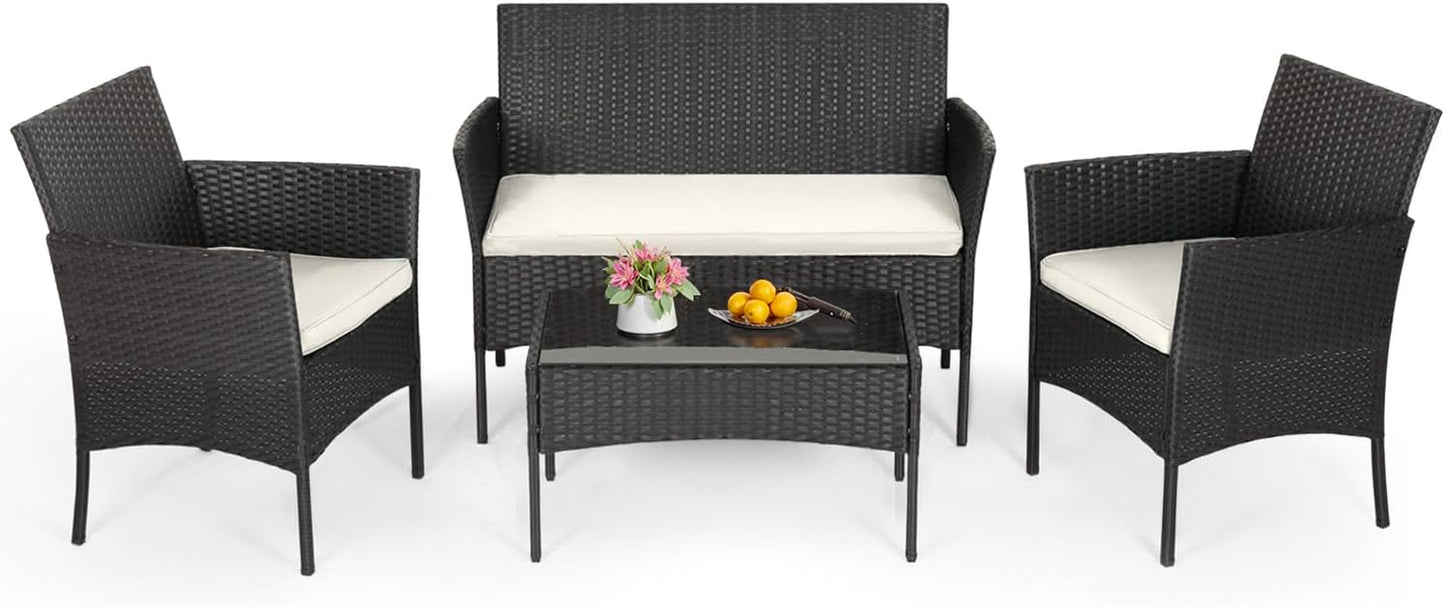 | 4-Piece Patio Furniture Set | Black | Outdoor Wicker Furniture with Coffee Table | Modern Rattan Chairs Conversation Set | Outdoor Seating | Weather-Resistant | for Porch, Garden, Lawn