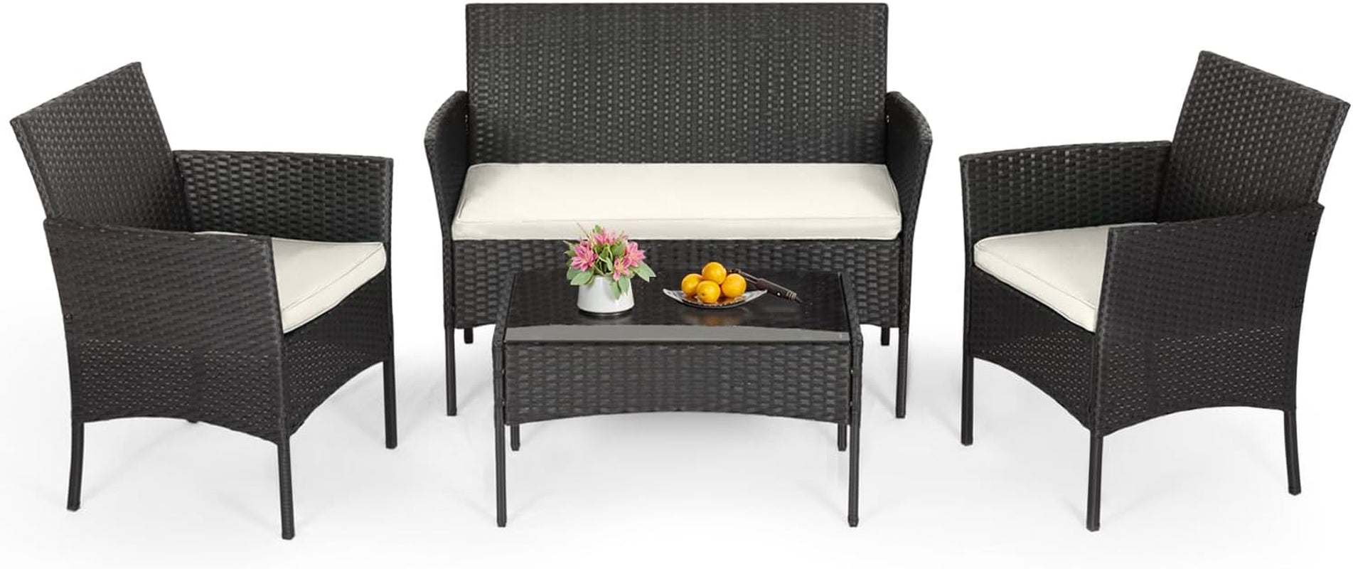 | 4-Piece Patio Furniture Set | Black | Outdoor Wicker Furniture with Coffee Table | Modern Rattan Chairs Conversation Set | Outdoor Seating | Weather-Resistant | for Porch, Garden, Lawn