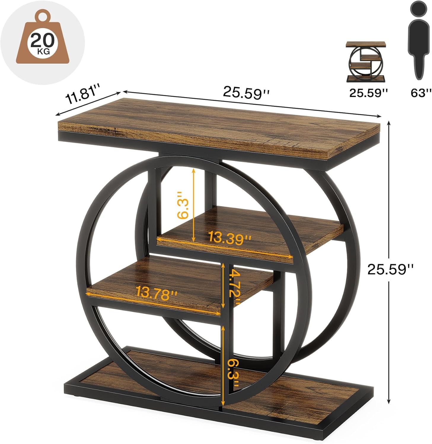 End Table for Living Room, 4-Tier Narrow Side Table with Storage Shelves, Industrial Bedside Table for Bedroom, Wood Small Sofa Side Table with Geometric Metal Frame (1 PC, Rustic Brown)