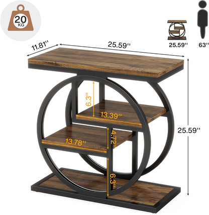 End Table for Living Room, 4-Tier Narrow Side Table with Storage Shelves, Industrial Bedside Table for Bedroom, Wood Small Sofa Side Table with Geometric Metal Frame (1 PC, Rustic Brown)