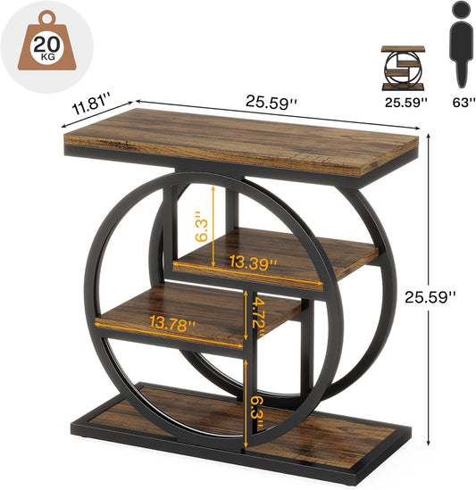 End Table for Living Room, 4-Tier Narrow Side Table with Storage Shelves, Industrial Bedside Table for Bedroom, Wood Small Sofa Side Table with Geometric Metal Frame (1 PC, Rustic Brown)