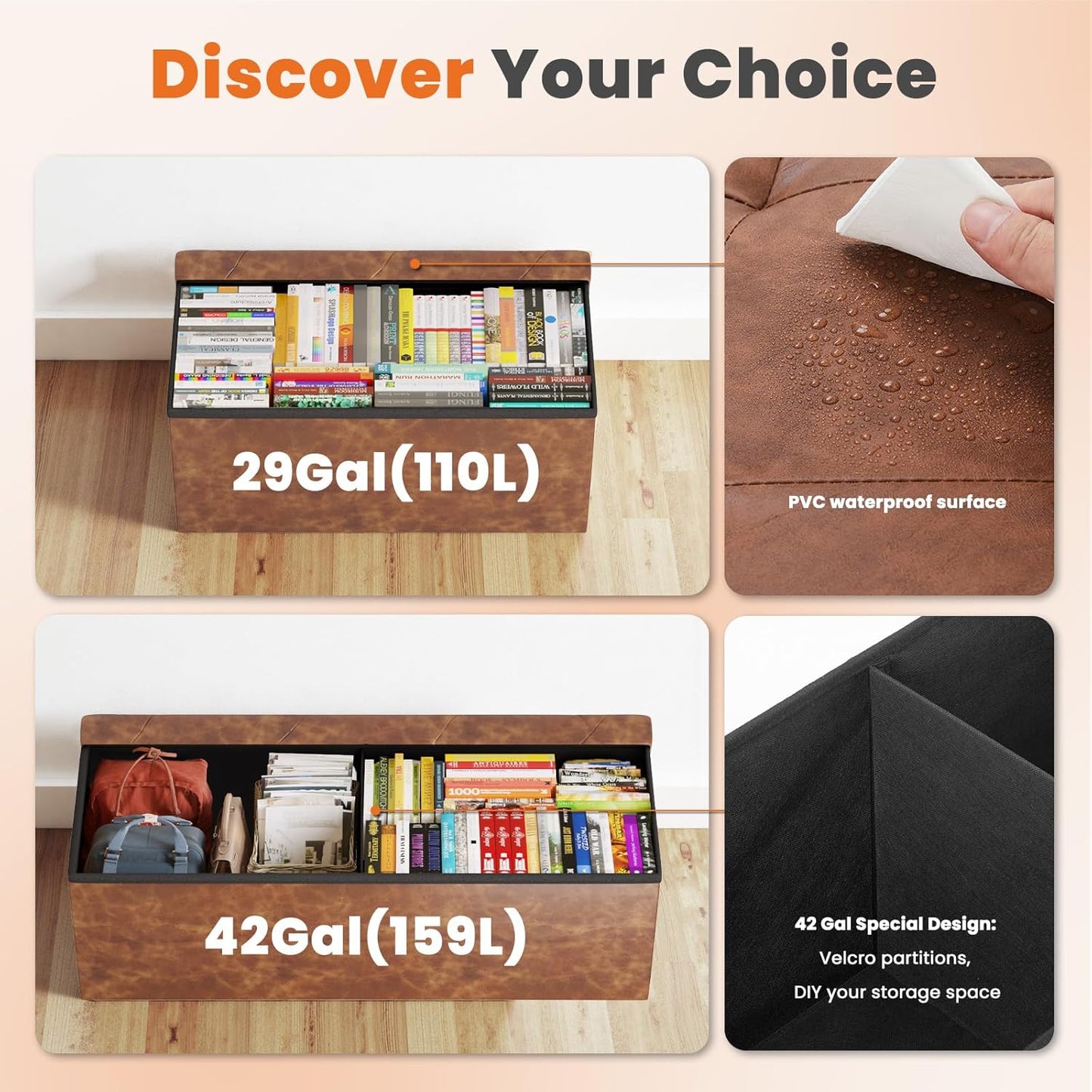 43 Inches Folding Ottoman with Storage Bench, Foot Rest Stool, End of Bed Storage Bench Upholstered, Load 660 Lbs, for Living Room, Synthetic Leather, Brown