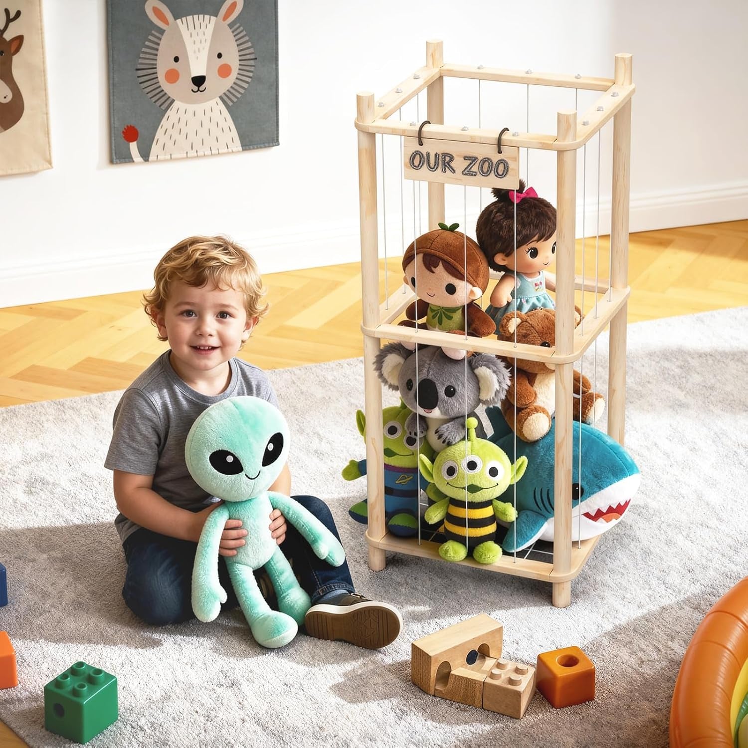 Stuffed Animal Storage Zoo Organizer – Wooden Toy Holder for Toddlers, Cute Plush Toy Cage for Kids’ Room, Playroom & Bedroom, Space-Saving Nursery Organizer with Personalized Nameplate